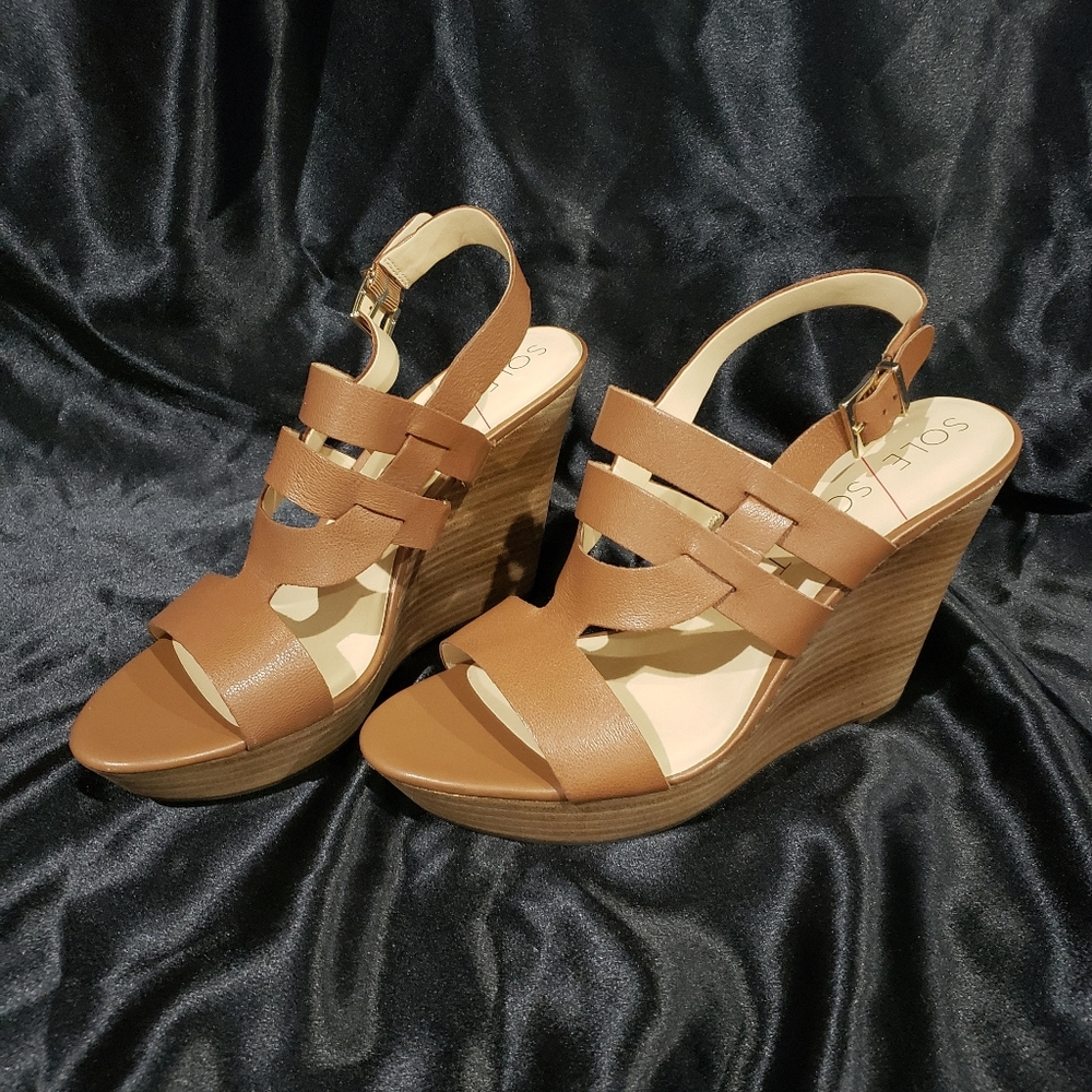 Sole Society Size 11 Tan Nutrual Slingback Leather Wedge Sandals